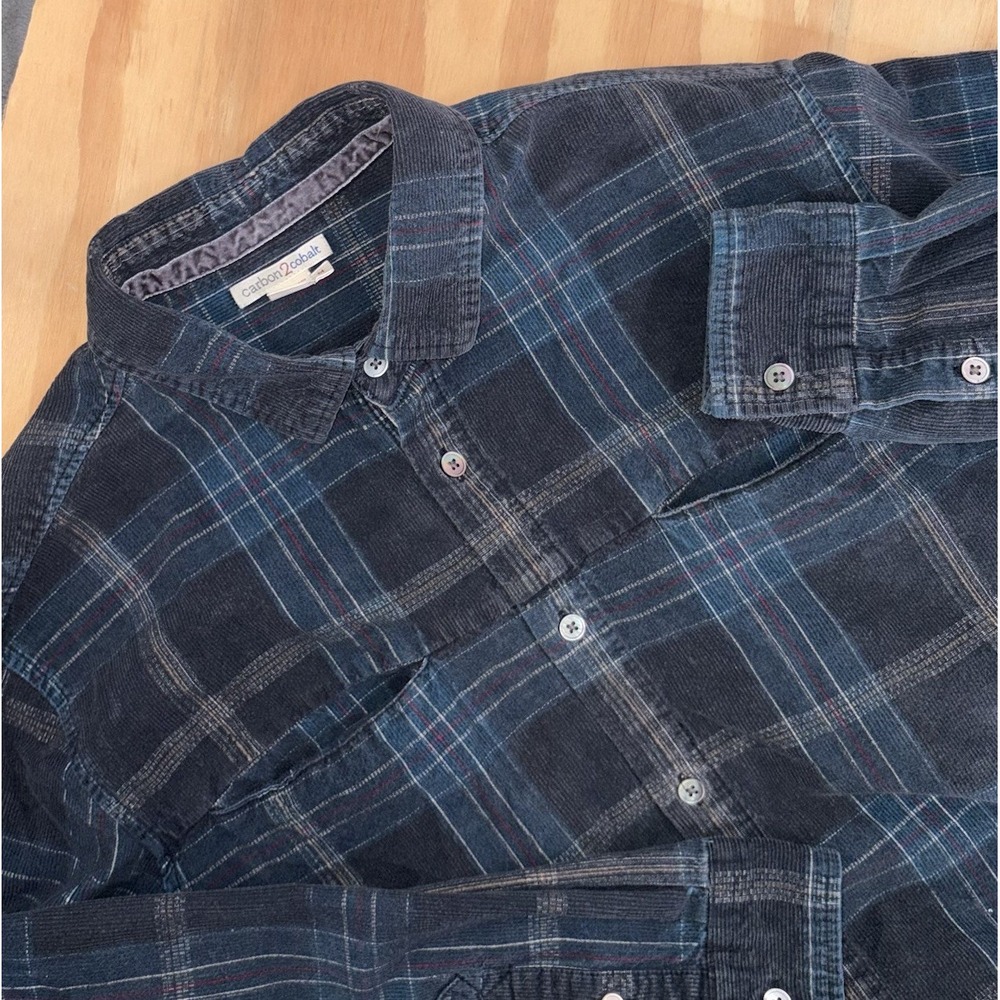 Carbon 2 Cobalt Corduroy‎ Medium Black Blue Plaid Button Cotton Button Up